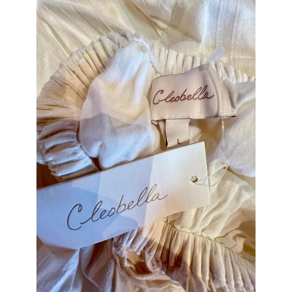 Cleobella Olive Mini Dress Ivory Puff Sleeves Open Back Ruffle Hem Cotton Large - Picture 6 of 13